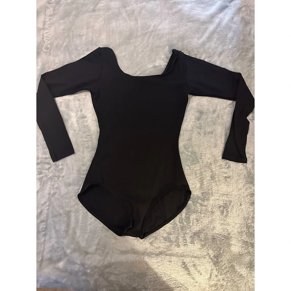 Black Bodysuit Leotard Scoop Neck Long Sleeve Stretchy Nylon Spandex Gymnastics